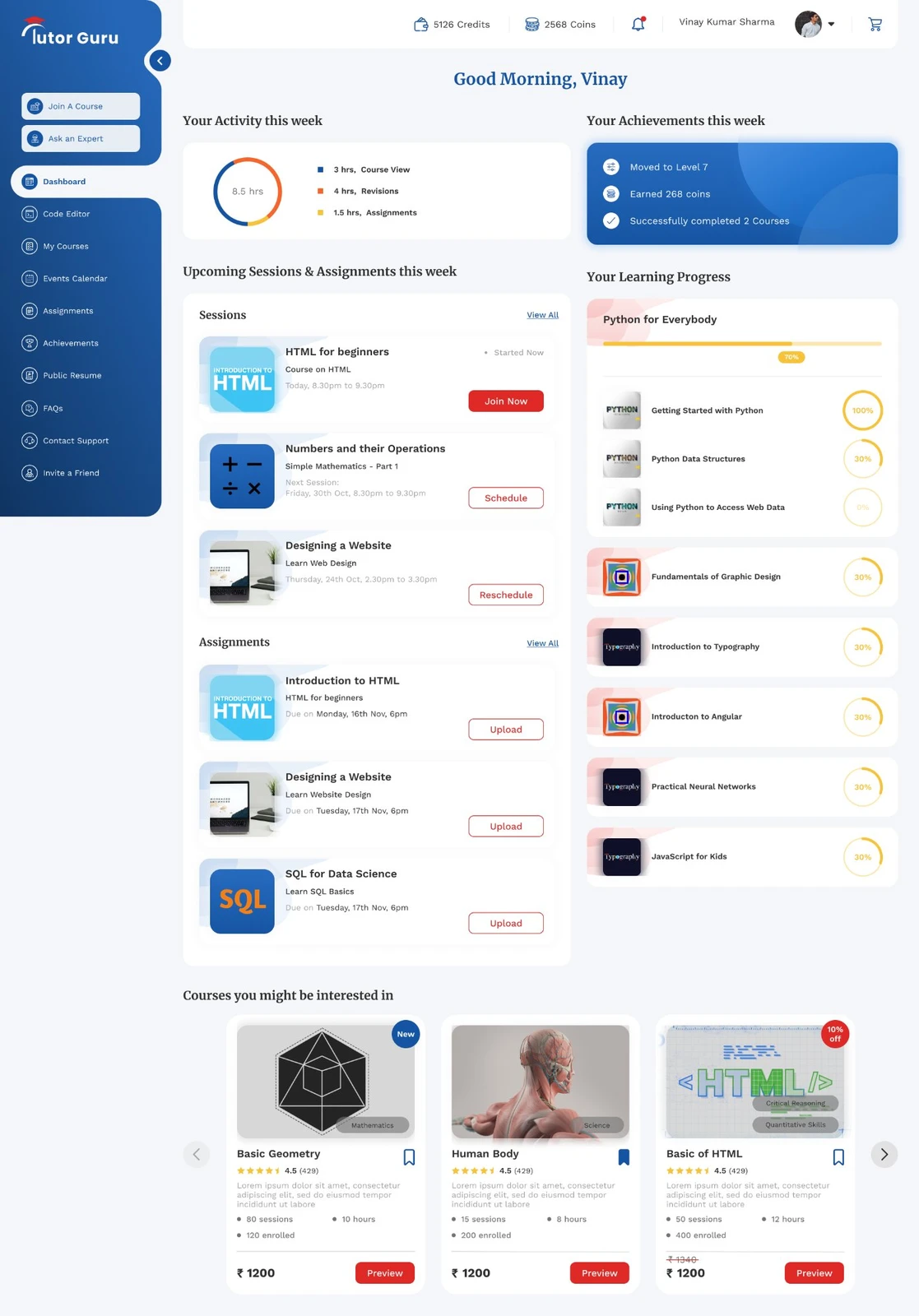 Full student dashboard: Good Morning view